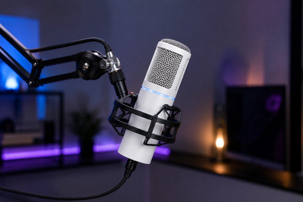 Professionelles Kondensatormikrofon mit Schwenkarm im Streaming-Setup