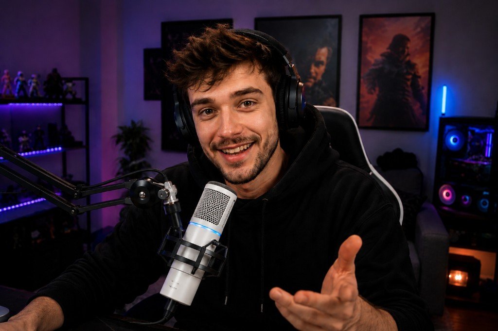 Streamer mit professionellem Kondensatormikrofon und Headset
